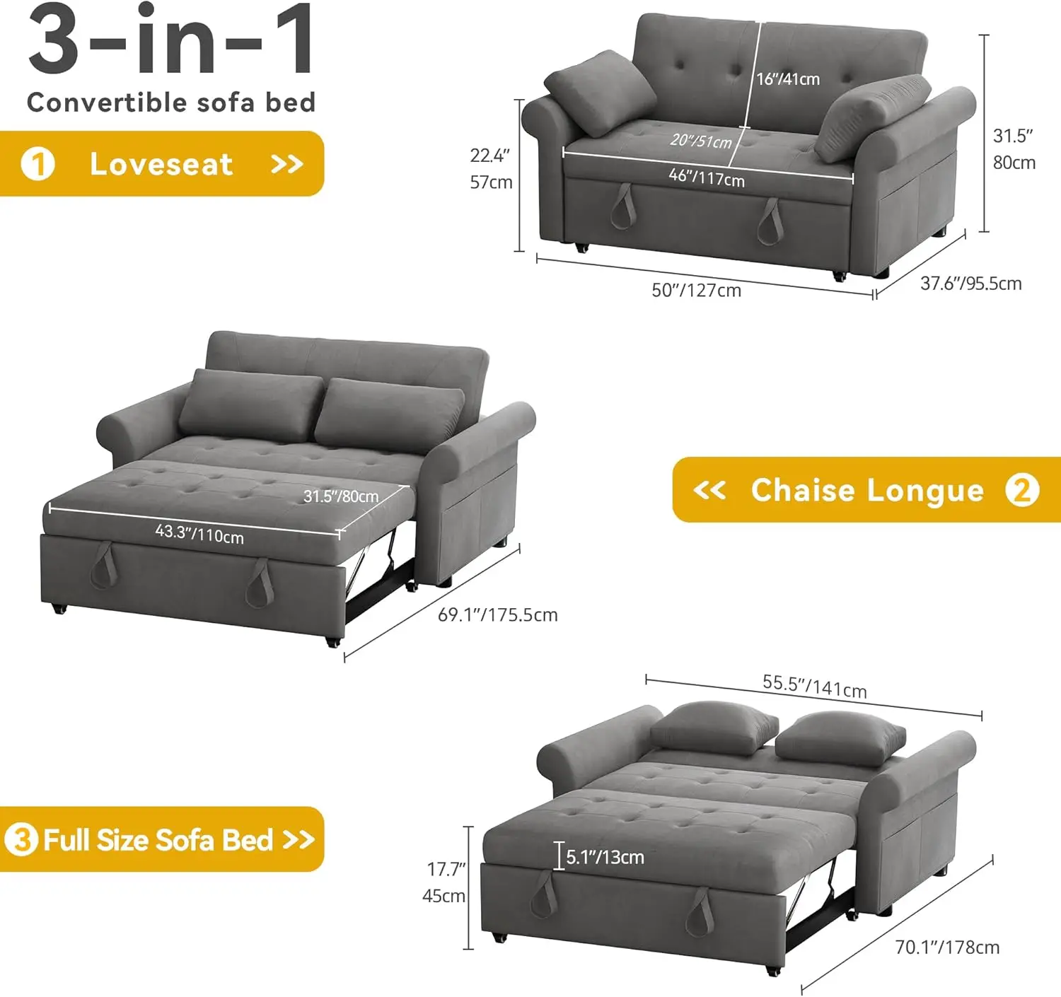 Sleeper Sofa Bed 3-in-1 Convertible Couch with Pullout Bed, 55'' Loveseat Sleeper Sofa Bed with Reclining Backrest