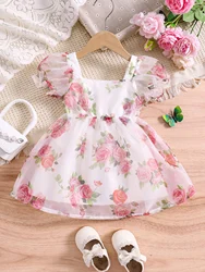 1-3Y Infant Girl Fashion Bubble Sleeve Dress Romantic Rose with Chiffon Short Sleeved Princess Dress Summer Daily Party Clothing