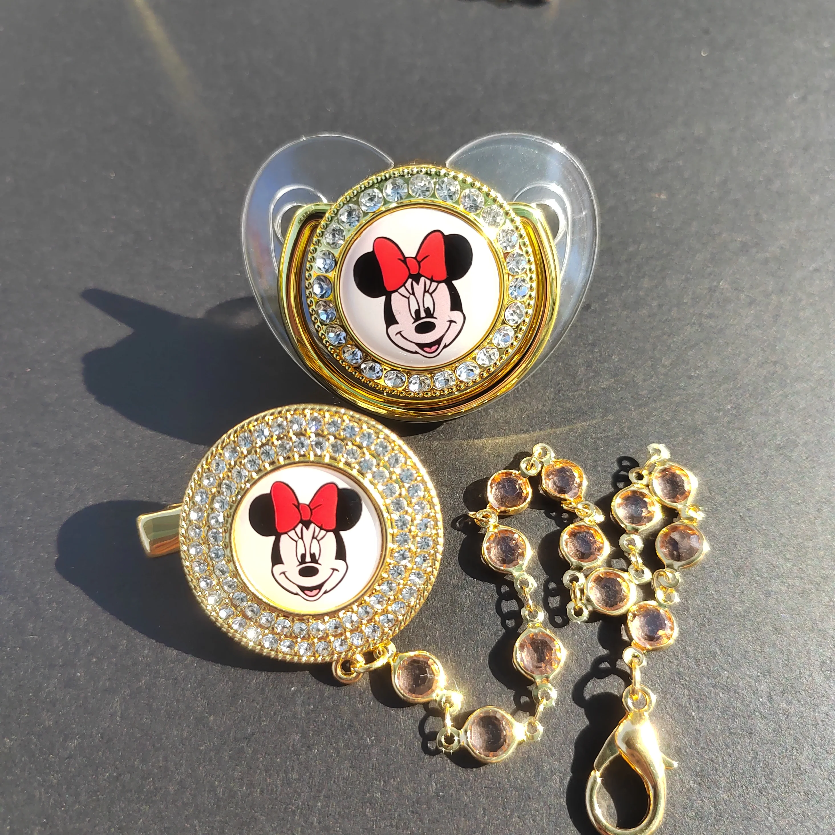 Luxury Clear Gold baby pacifier Clip Minnie Mouse Baby pacifier Silicone baby teat Bling Diamond pacifier chupetes para bebes