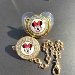 Minnie Mouse Chupeta Clipe do bebê, Silicone Teat, Bling diamante, ouro claro, luxo