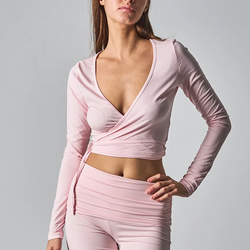 

Укороченные топы с запахом для пилатеса, женские сексуальные однотонные топы для тренировок, йоги, крестообразный топ с запахом, Y2k, v-образный вырез, длинный рукав, облегающий, с завязкой