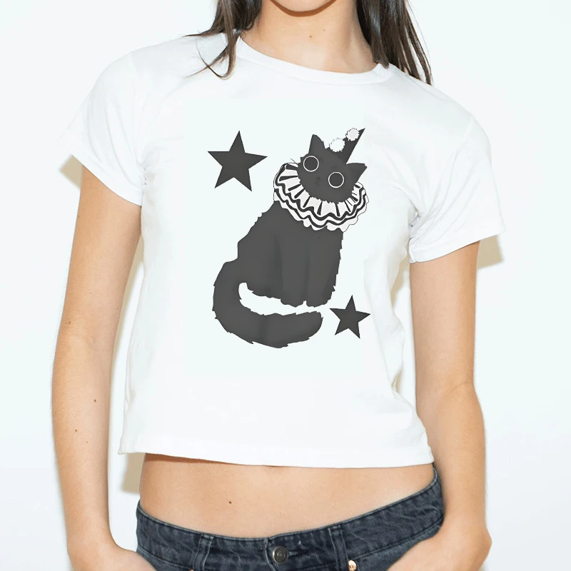 

Индивидуальная футболка High Street с креативным принтом кота, готический панк 2000-х годов, Y2K, укороченный топ в стиле ретро, модная универсальная сексуальная женская футболка