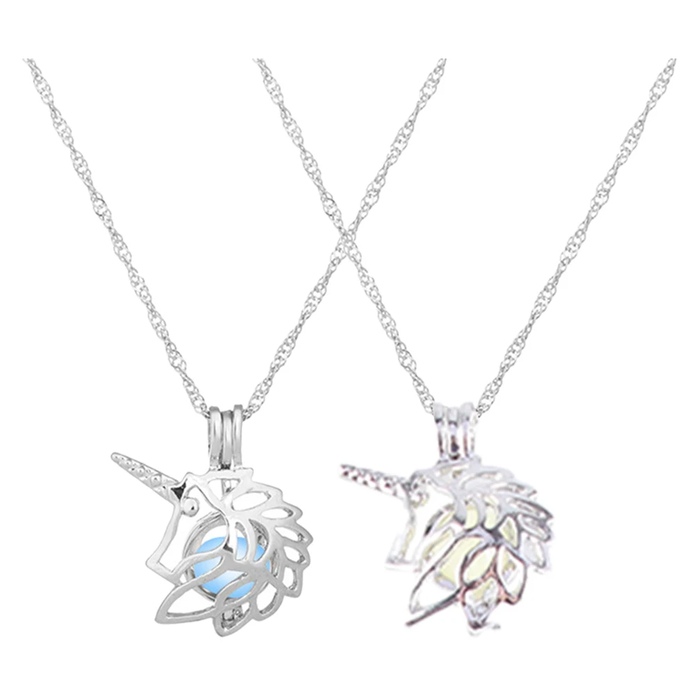 

2pcs Unicorn Necklace Hollow Design Luminous Glow In The Dark Pendant Chain For Women Diy Animal Jewelry Unique Charm