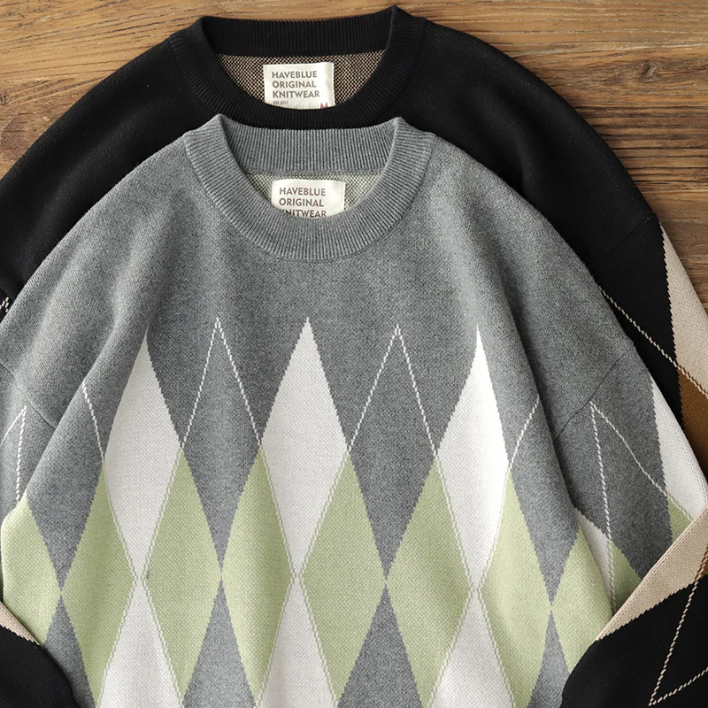 

Extra Thi Knitted Sweater Jaet Loose Fit Outerwear Winter Casual Cotton Blend Fabric Retro Lazy Diamond Pattern Men's Swe...