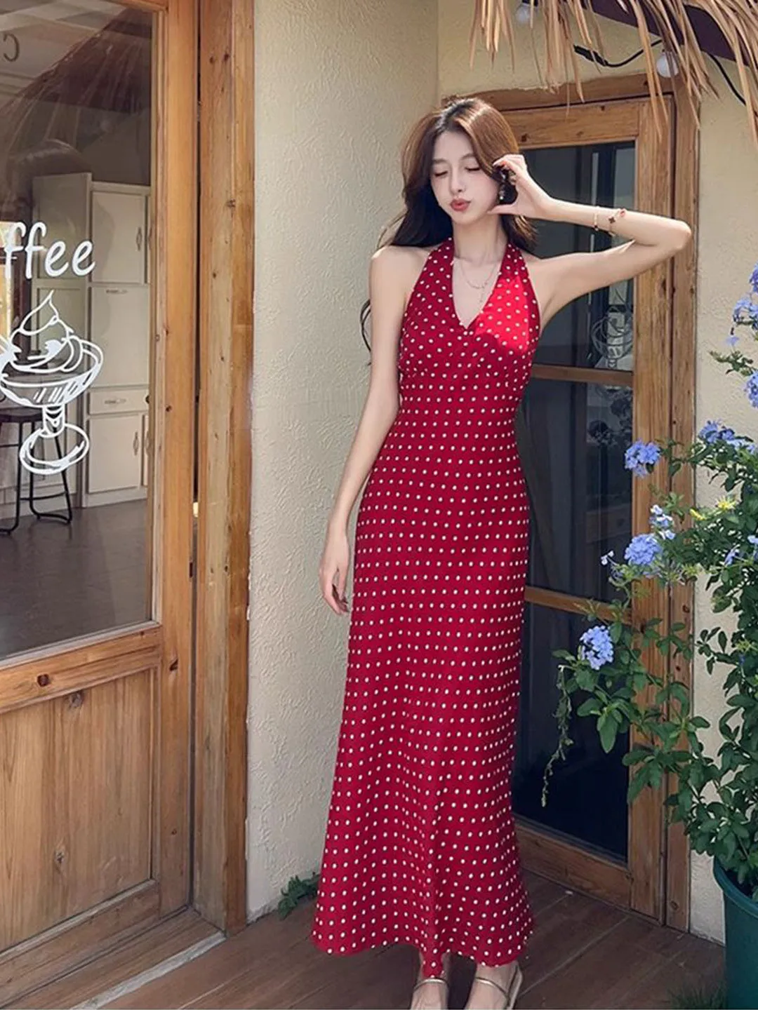 

Beach Vacation Style Red Neck Hanging Polka Dot Dress Body Shaping Summer New Long Skirt Romantic Slim Fit High Waist A-Line ...