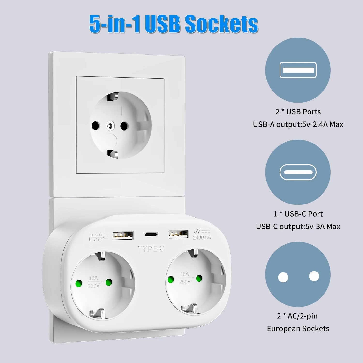 4000W Euro plug power socket with 2 AC power sockets 2 USB charging ports 1 Type-c wall socket adapter Suitable for home offices