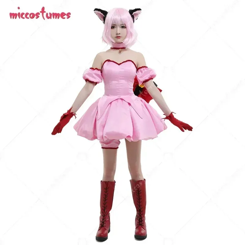 25COSMiccostumes أزياء أنيمي ميو ميو التأثيرية فستان وردي قصير مع آذان وذيل القط