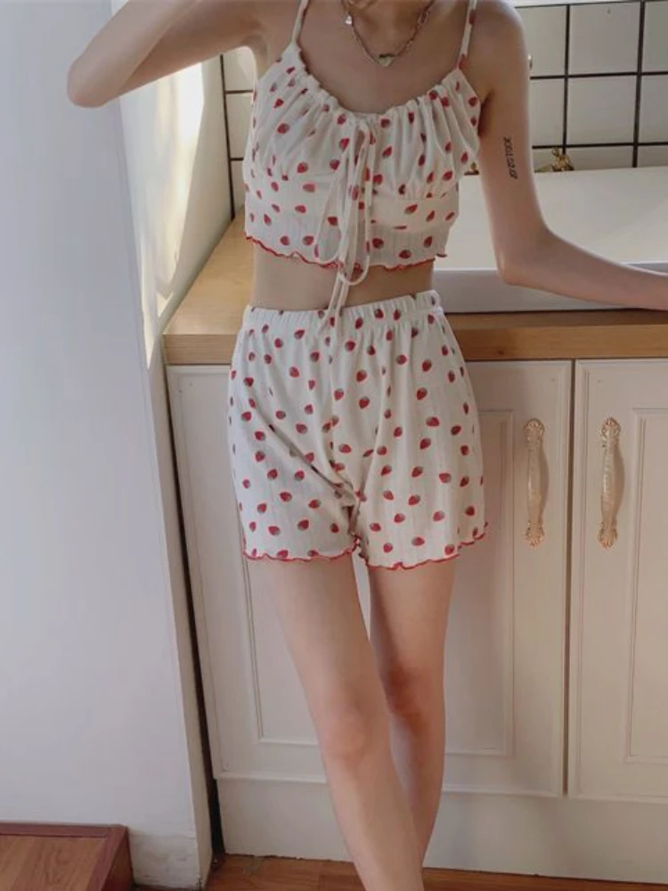 Strawberry Floral Pajama Sets Women Sleepwear Sweet Sexy Sleeveless Vintage Summer Aesthetic Home Y2k Young Tender New Trendy