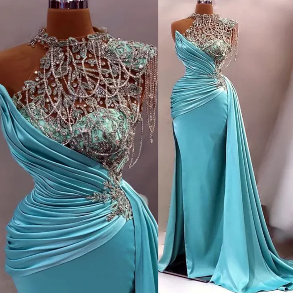 2024 Aso Ebi Mermaid Lace Prom Dress Beaded Crystals Satin Evening Formal Party Second Reception Birthday Engagement Gowns