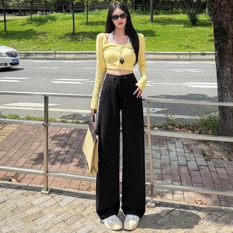 

Floor Length Pants Women Four-Way Stretch Drape Wide Leg Jeans High Waist Loose Wrinkle Resistant Petite Slim