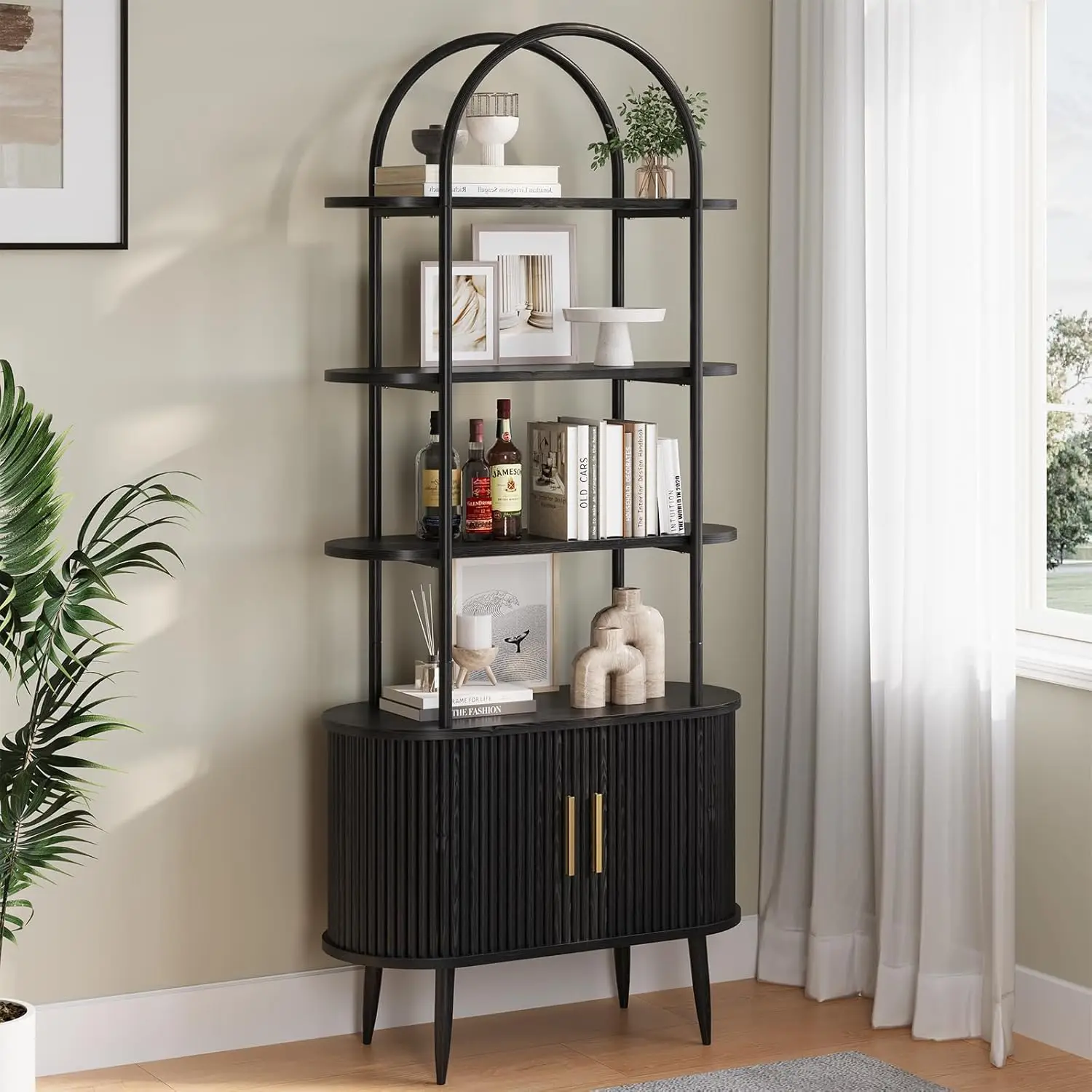 

71" Tall Arched Bookshelf With Sliding Doors, Mid Century Modern Metal Curved Bookcase Cabinet With Storage, 4-Tier, Customized
