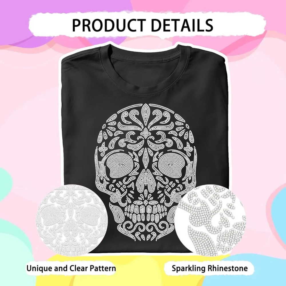 Mandala Skull Rhinestone Iron on Hotfix Rhinestone Mexican Skull Transfer Applique Heat Transfer Decal Clothing Repair Patch