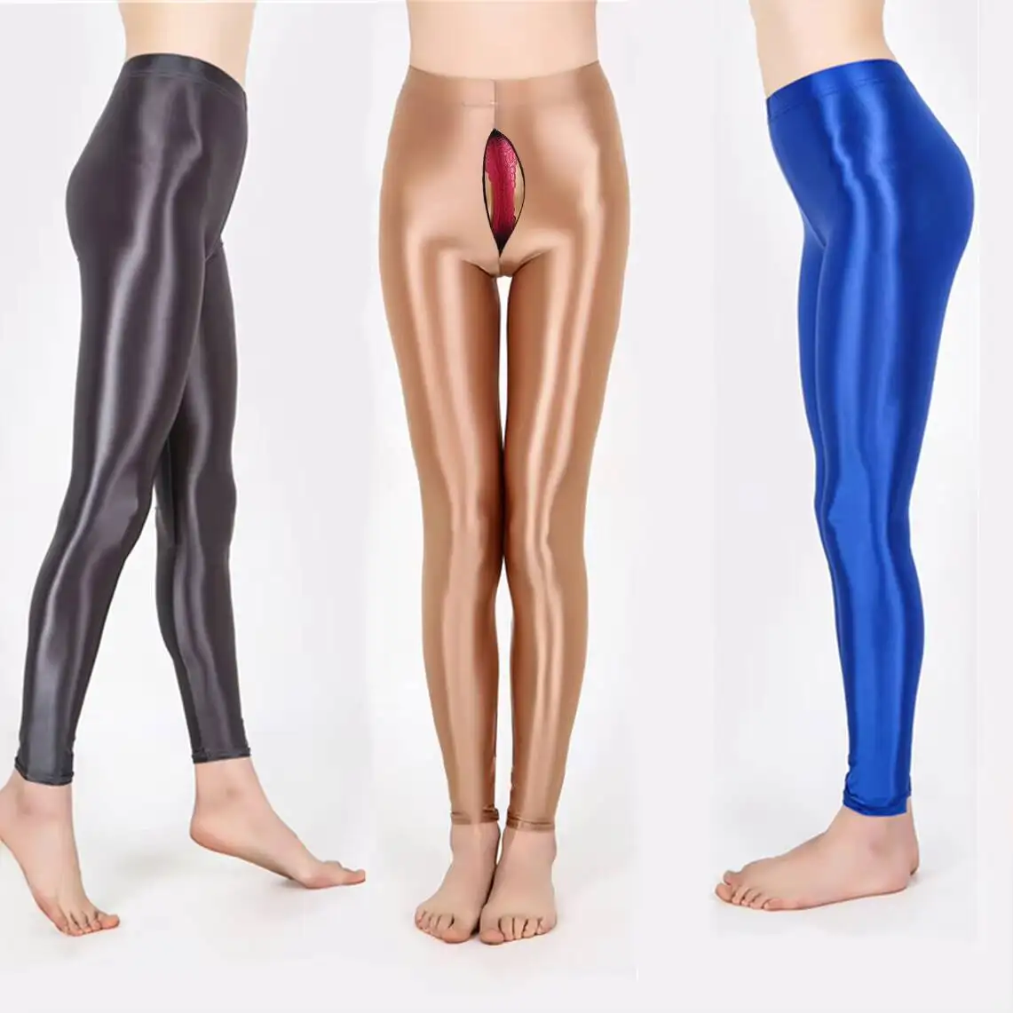 

Zipper open crotch glossy satin high waist leggings See through plus size sports yoga pants