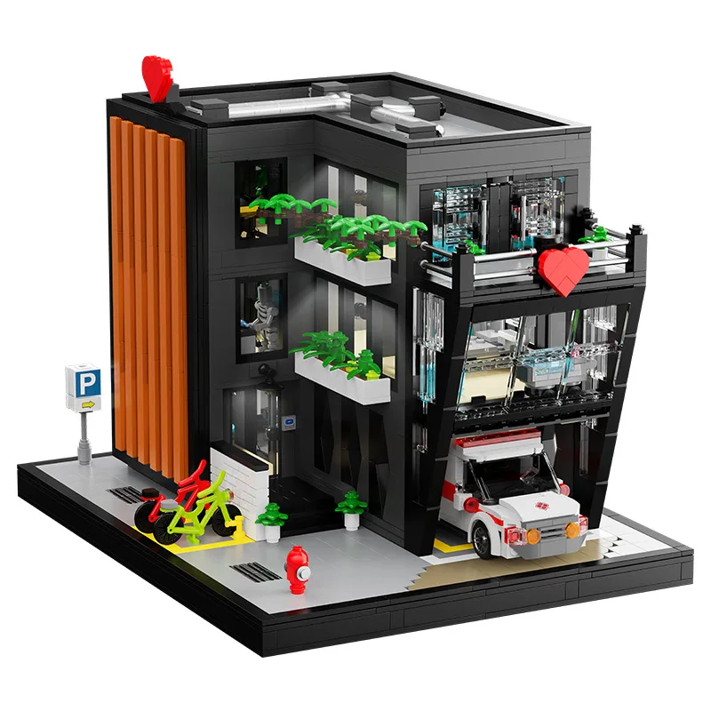 Creative House Architecture Brick Street View Comprehensive Emergency Hospital Construction Model Building Block Toys With Light