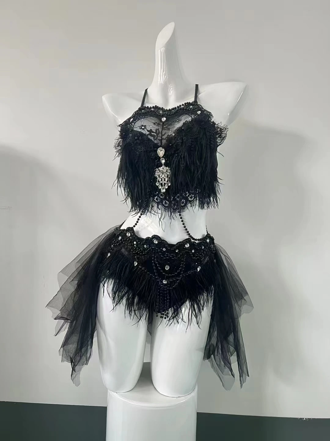 Bar Nightclub Sexy Stage Performance Dance Costume White Black Feather Beads Bikini Electric Music Festival Clothing Rave Outfit