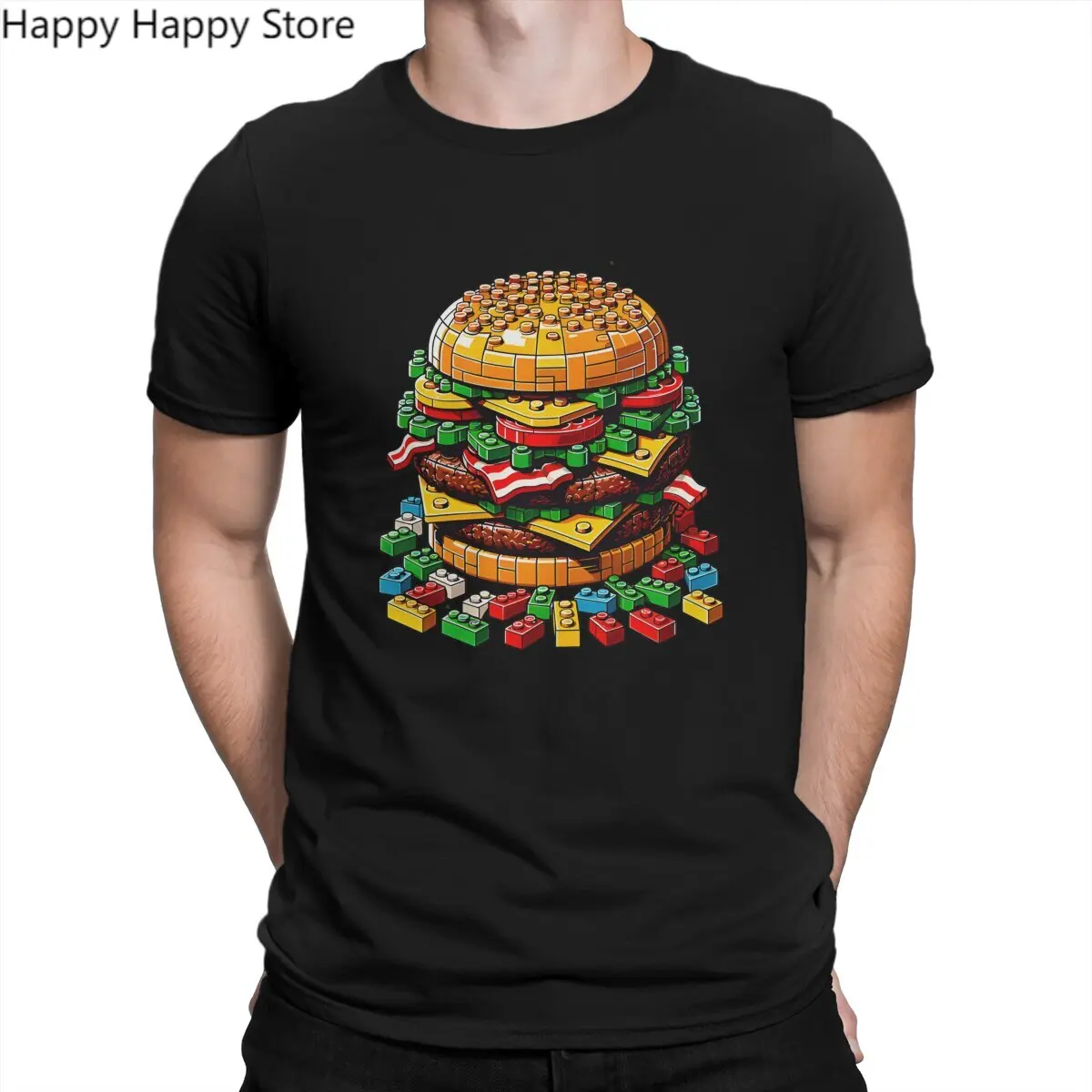 Building Blocks Creative TShirt for Men Brick Burger Feast  Toy Round Neck Polyester T Shirt Distinctive Gift Clothes