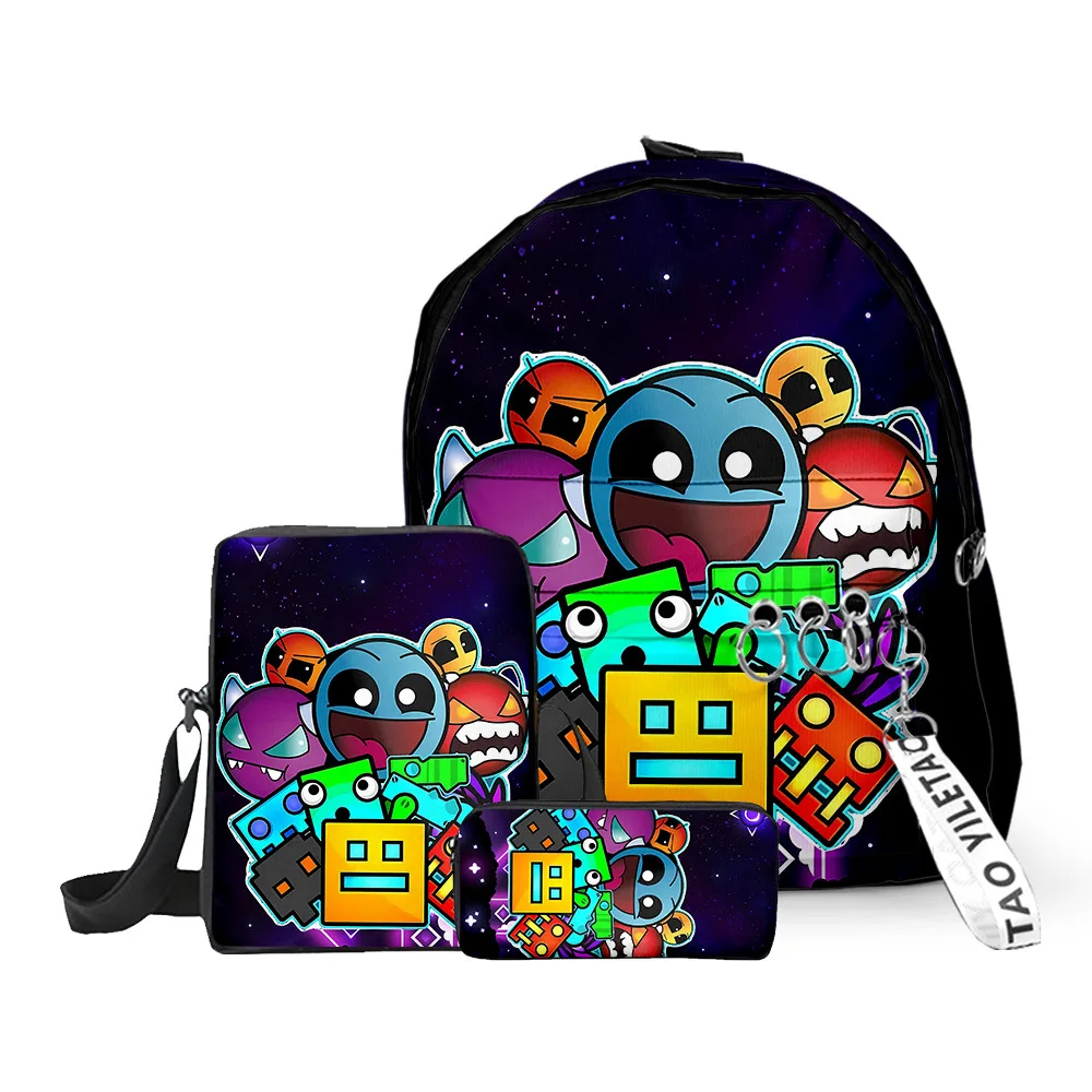 

Hip Hop Popular Geometry Dash 3D Print 3pcs/Set pupil School Bags Oxford Key Chain Backpack Inclined shoulder bag Pencil Case