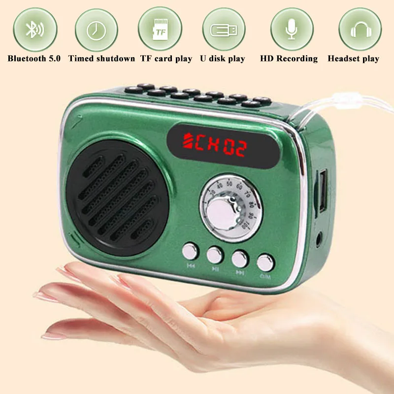 Rádio FM Portátil Mini com Display LED, Rádio Retrô, Caixa de Som Bluetooth Sem Fio, Gravador HD com Entrada para Fones de Ouvido de 3.5mm, USB e Slot para Cartão TF