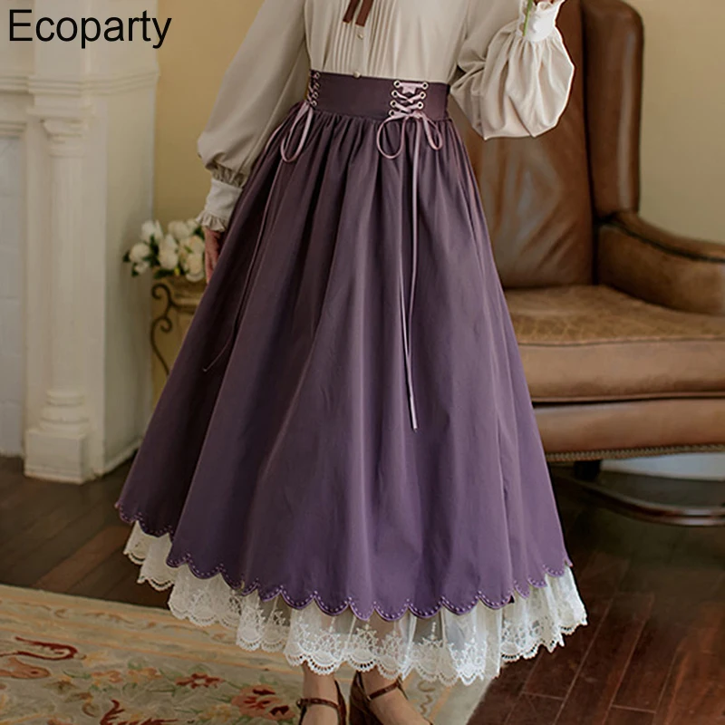 Renesansowa elegancka długa spódnica w stylu Vintage dla kobiet dwuwarstwowa z wysokim stanem, patchworkowa duża huśtawka spódnica w kształcie linii Femme sukienka Lolita — zdjęcie 6