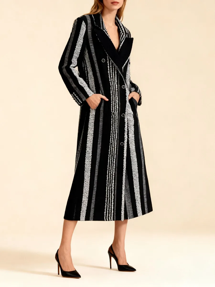 TWOTWINSTYLE Colorblock Trench lungo dritto per donna Colletto dentellato Manica lunga Patchwork Doppio petto Giacca casual Donna