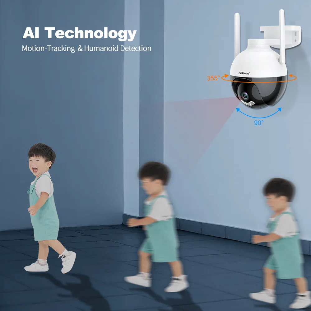 Srihome APP SH045 Wireless IP Dome Camera 2MP 1080P WIFI Full Color PTZ Home Security Baby Monitor with AI Humanoid Detection