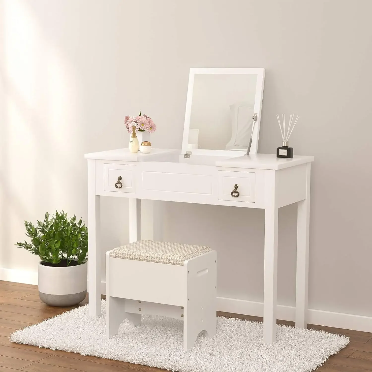 Vanity with Flip Top Mirror,Vanity Table Set/Cushioned Stool &2 Drawers,3 Removable Organizers Writing Desk Bedroom Bathroom Fur