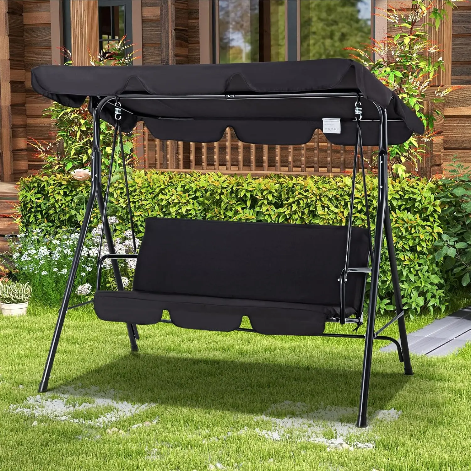 

2-Seat Glider Porch Bench with Removable Cushion and Adjustable Shade, Swing Chairs for Garden, Poolside&Backyard, Black