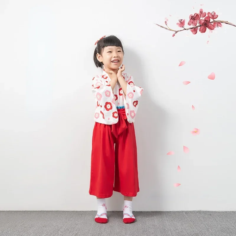 2-7 Years Toddler Girl Outfit Spring Autumn New Baby Girl Clothes Red Flower Print Jacket Japanese Kimono Children Clothing