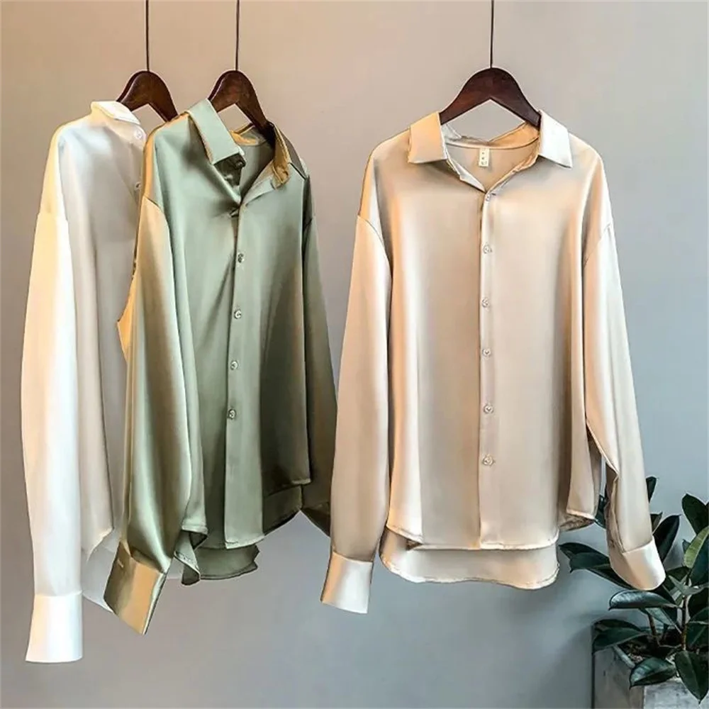 Satin Shirts for Women Casual Long Sleeve Tunic Tops Loose Fit V-Neck Women's Clothing