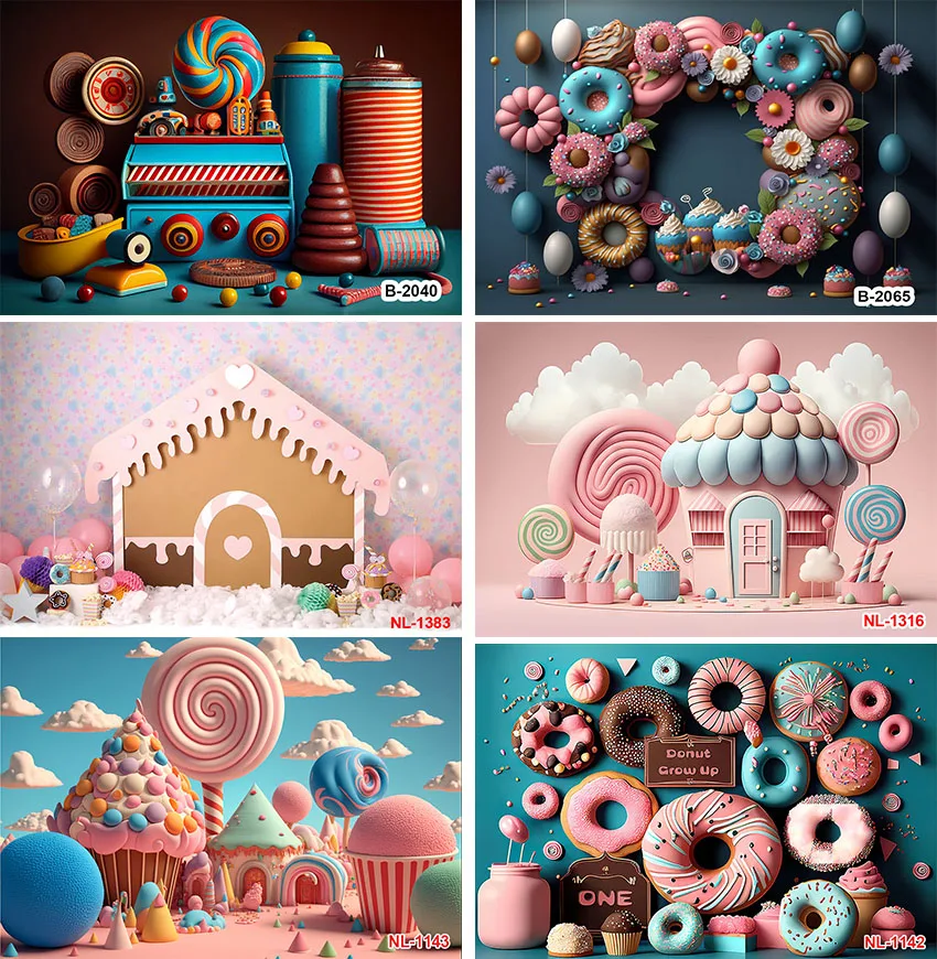 

Candy Bar Photography Backdrop Sweet Donuts Ice Cream Grow Up Baby Birthday Party Decor Photographic Background Photo Studio