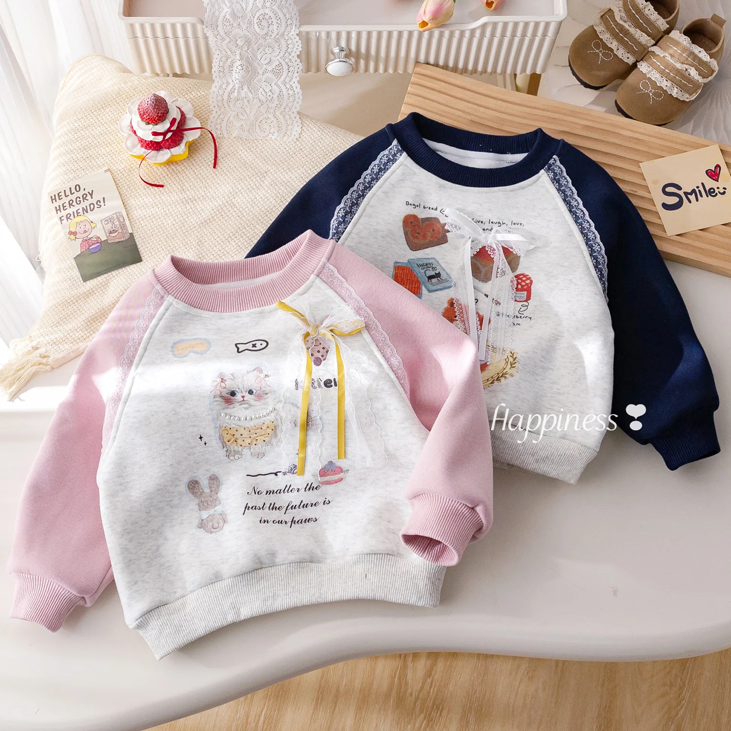 

Kids Baby Girls Sweatshirt Cat Printed Thicken Warm Toddler Girls Pullovers Tops Patchwork Sleeve Infant Girl Winter Sweatshirt