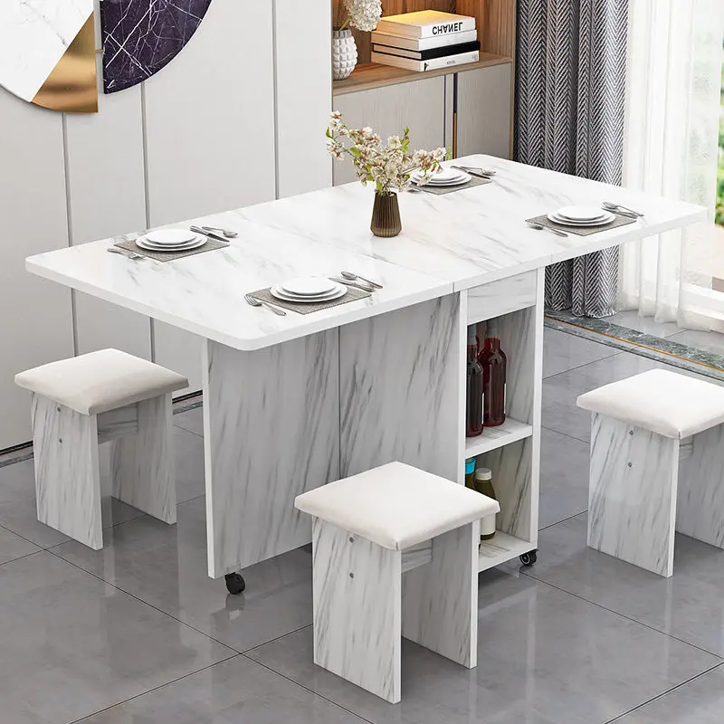 Folding dining table, four chairs, simple rectangular dining table, movable pulley