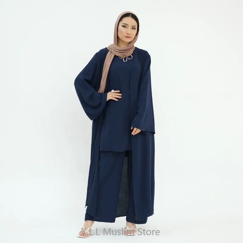 Set 3 Piece Muslim Woman Islamic Ladies Suit Top+Pants+Abaya Dubai Luxury Sets For Muslim Women Robe Chic Turkey Sport Suits