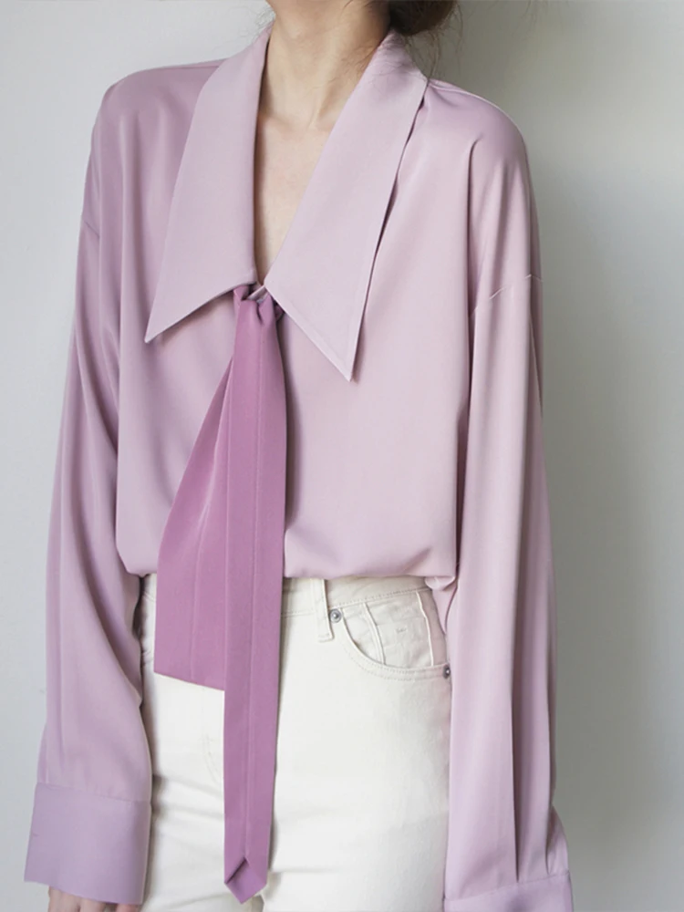 

Women's Shirt Collar Ties Large Point V-Neck Long Sleeve Top Layered Wear Inner Purple Shirt Autumn Winter Fashion Style