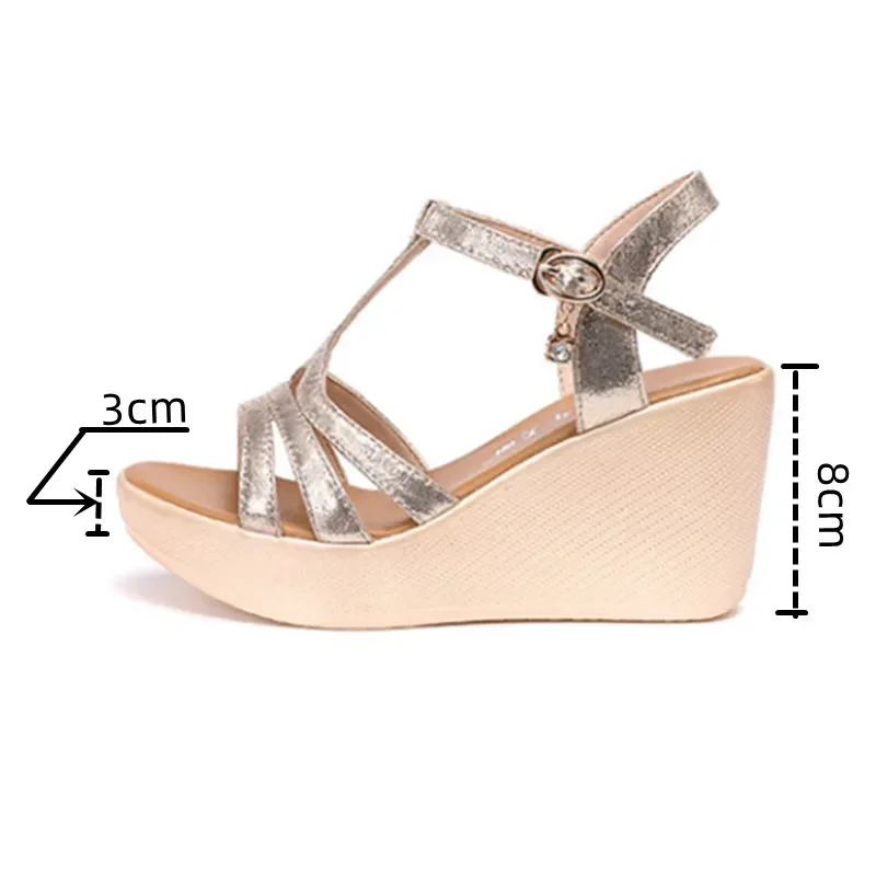 Small Size 32-43 Elegant Gold Platform Wedding Shoes Women Wedges Summer 2024 T Strap High Heels Gladiator Sandals Office Model