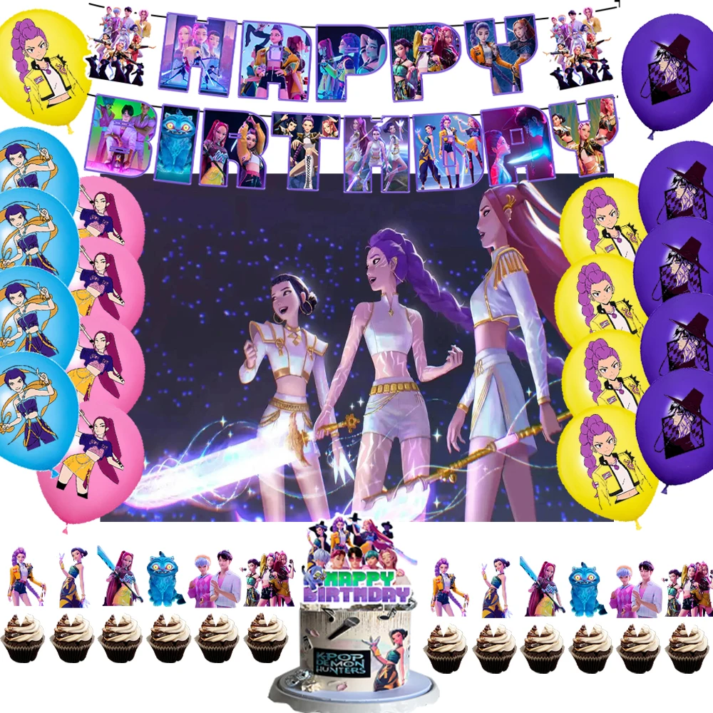 

Anime Movie HUNTR/X KPOP Demon Hunters Backdrop Party Decorations Girl Balloons Photography Background Girl Gifts Wall Banner