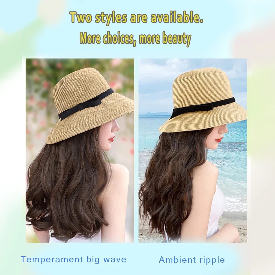 Synthetic Wig Hat One Female Summer New Braided Fisherman's Hat Ripple Full Head Fashion Sunshade Lafite Hat