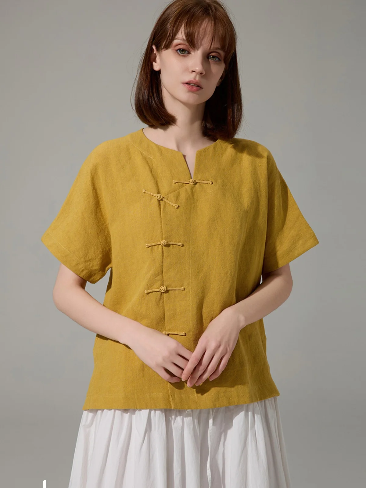 

Handmade Han Hanlin ort Sve irt Women's Summer Vintage Collarl Button-up Chinese Sle Pure Color Straight Cut Top