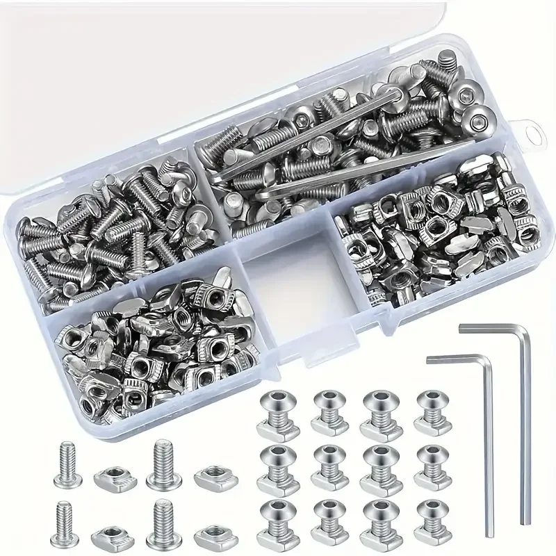 200Pcs 304 Stainless Steel M4 M5 M6 T‑Slot Nuts & Flat Hex Socket Bolts Assortment Kit with Allen Wrenches, Sliding T Nuts Screws Hardware Set for 2020 3030 4040 Aluminum Extrusion Profile Accessories