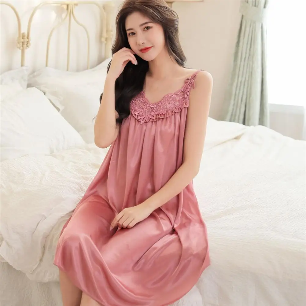 

Bow Decor Pajama Dress Large Sexy Night Dress Satin Sleepwear Female Nightgown Women Sleeping Dresses Loose Night Shirts пижама