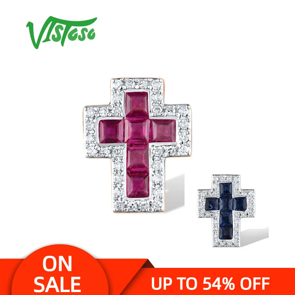 

VISTOSO Real 14K 585 Rose White Gold Pendant For Women Sparkling Diamond Ruby Blue Sapphire Classic Cross Wedding Fine Jewelry