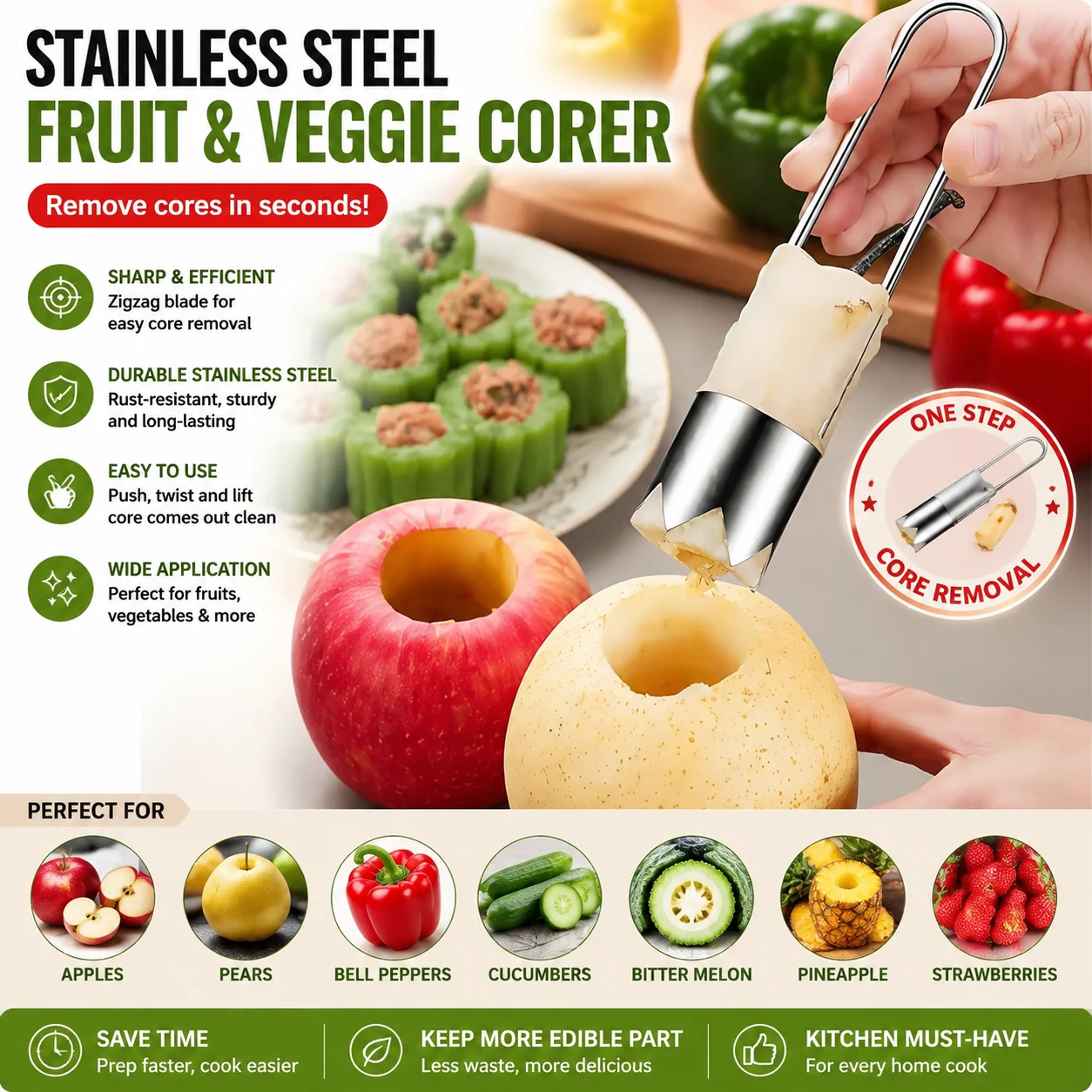 Stainless Steel Vegetable Corer Fruit Core Remover Tool Apple Pepper Corer Easy Kitchen Gadget for Home Cooking & Food Prep