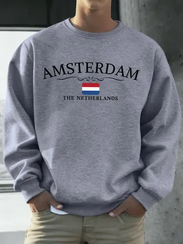 Amsterdam Hollanda Baskılar Erkekler Polar Hip Hop Spor Uzun Kollu Bisiklet Yaka Gevşek Kazaklar Unisex Tüm Maç Temel Açık Hava Tişörtü