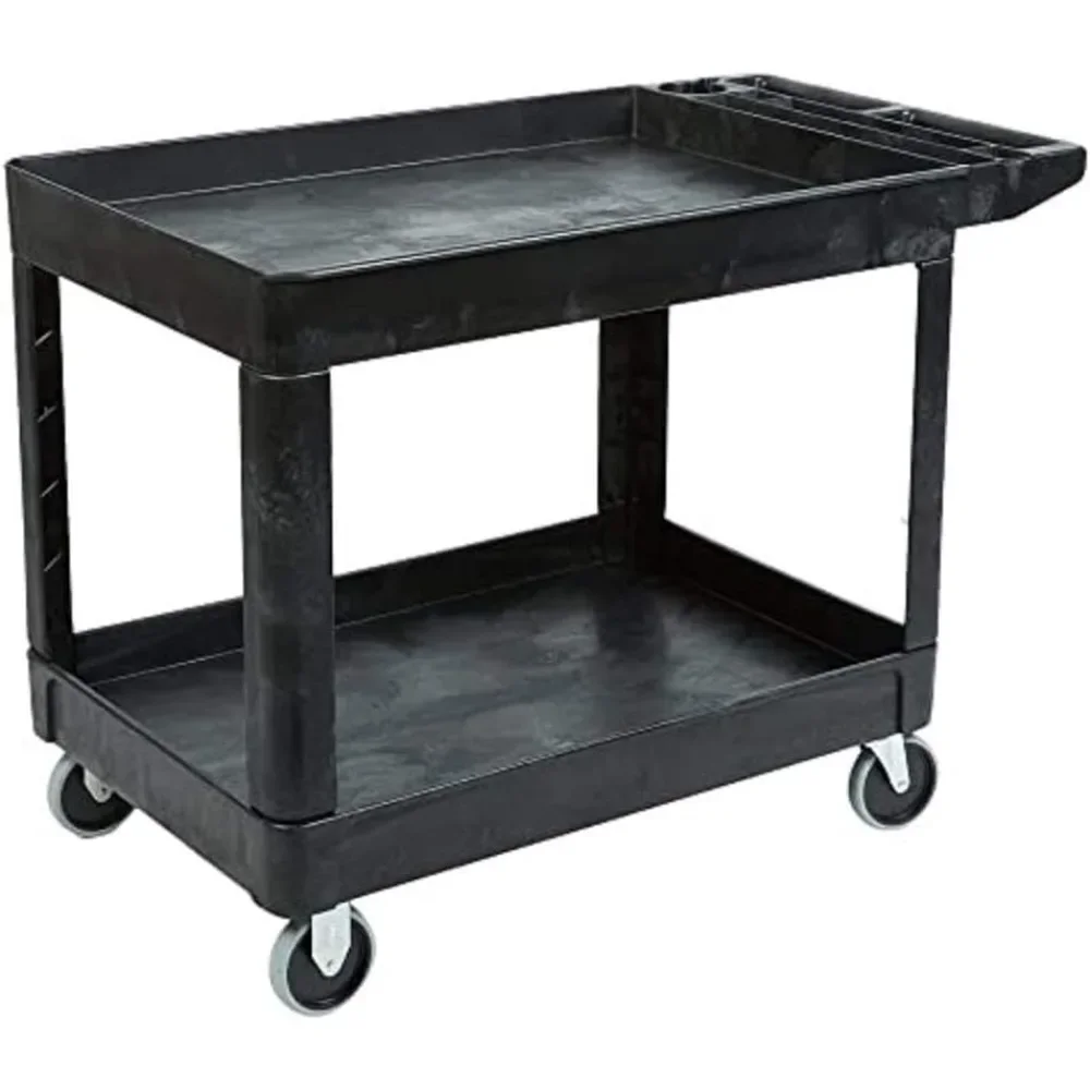 Commercial Products 2-Shelf Utility/Service Cart, Medium, Black, Lipped Shelves, Ergonomic Handle, 500 Lbs. Trolleys