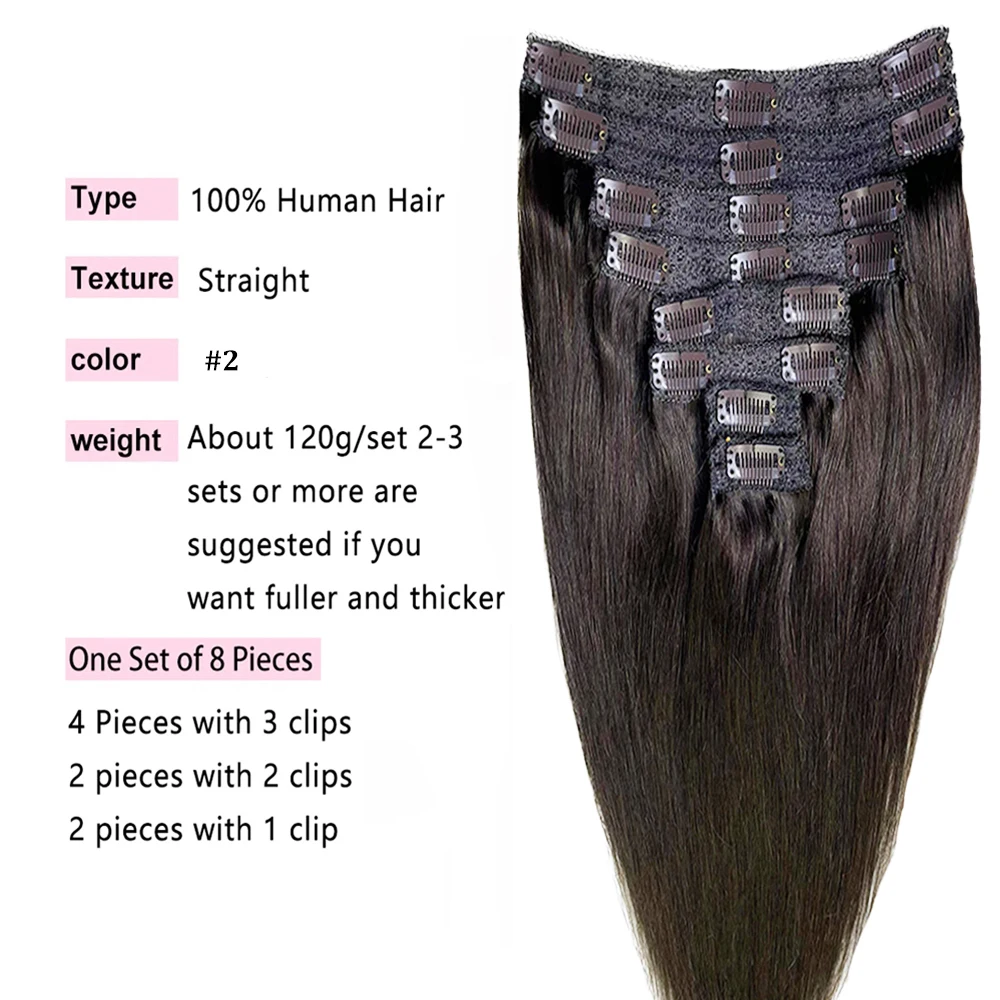 Clip In Hair Extensions Real Human Hair 8pcs Hair Extensions 120g 100% Human Hair Clip In Extensions Straight Soft Hair #2 Color