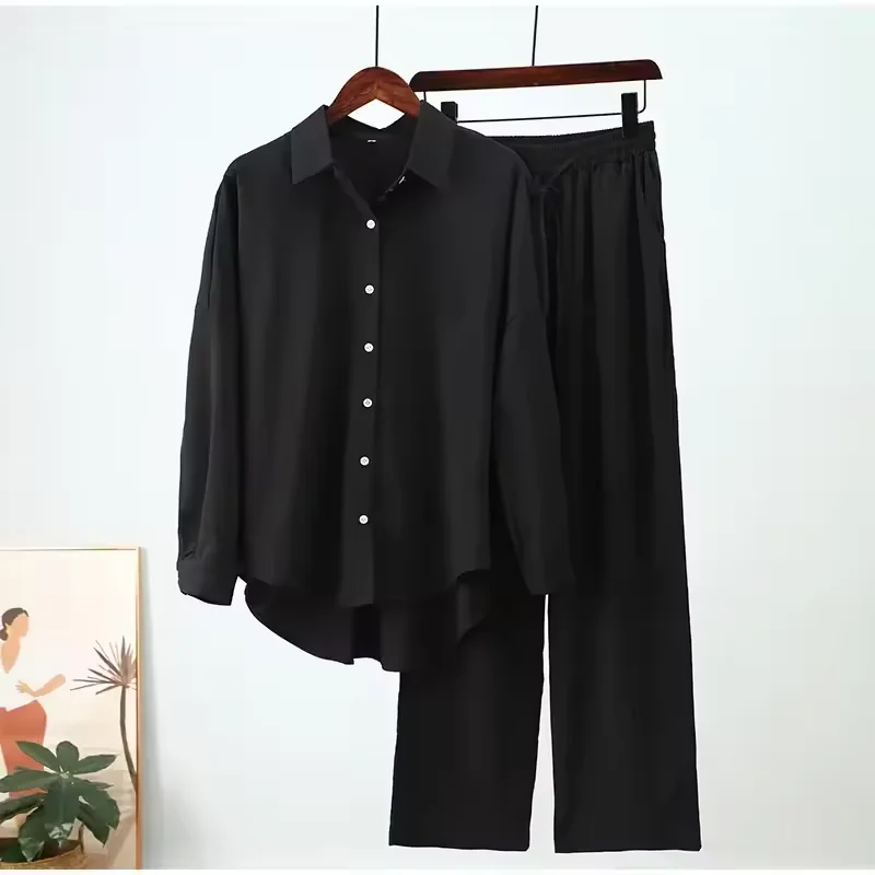 Holiday Wide Linen 2 Pieces Set Fashion Lapel Long Sleeve Button Blouse And Trousers Outfits Loose Wide Leg Pants Suits