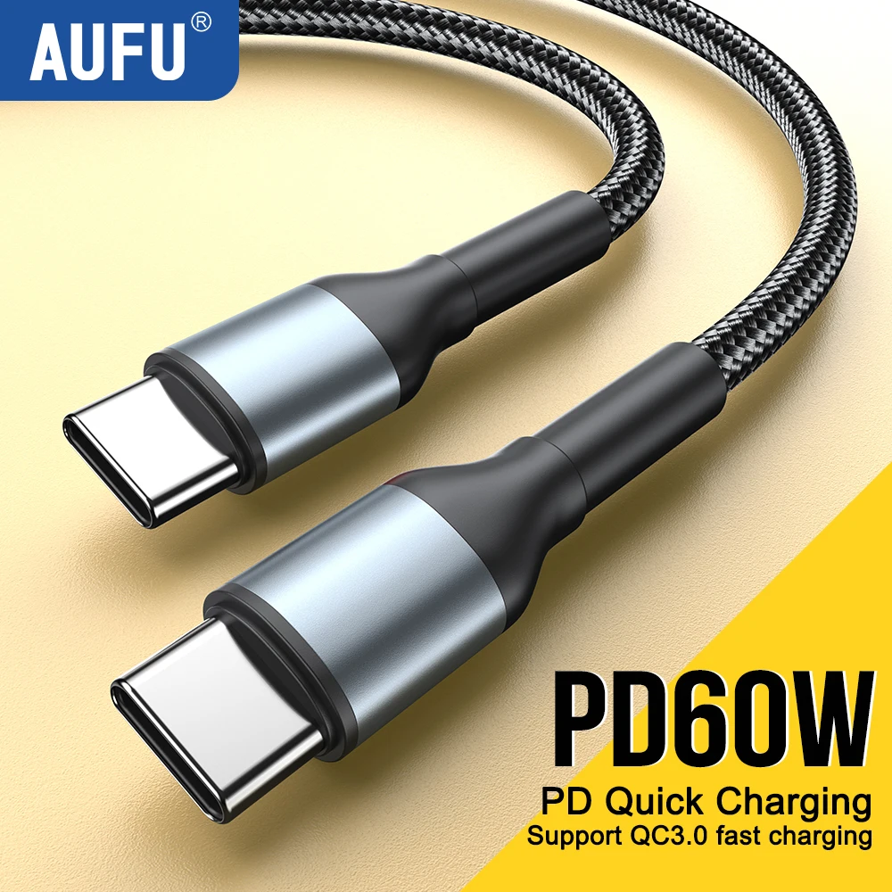 AUFU 60W USB C Type C Cable for MacBook Quick Charge 3.0 PD Fast Charging Cable for iPhone 15 Samsung Xiaomi POCO Charge Cable