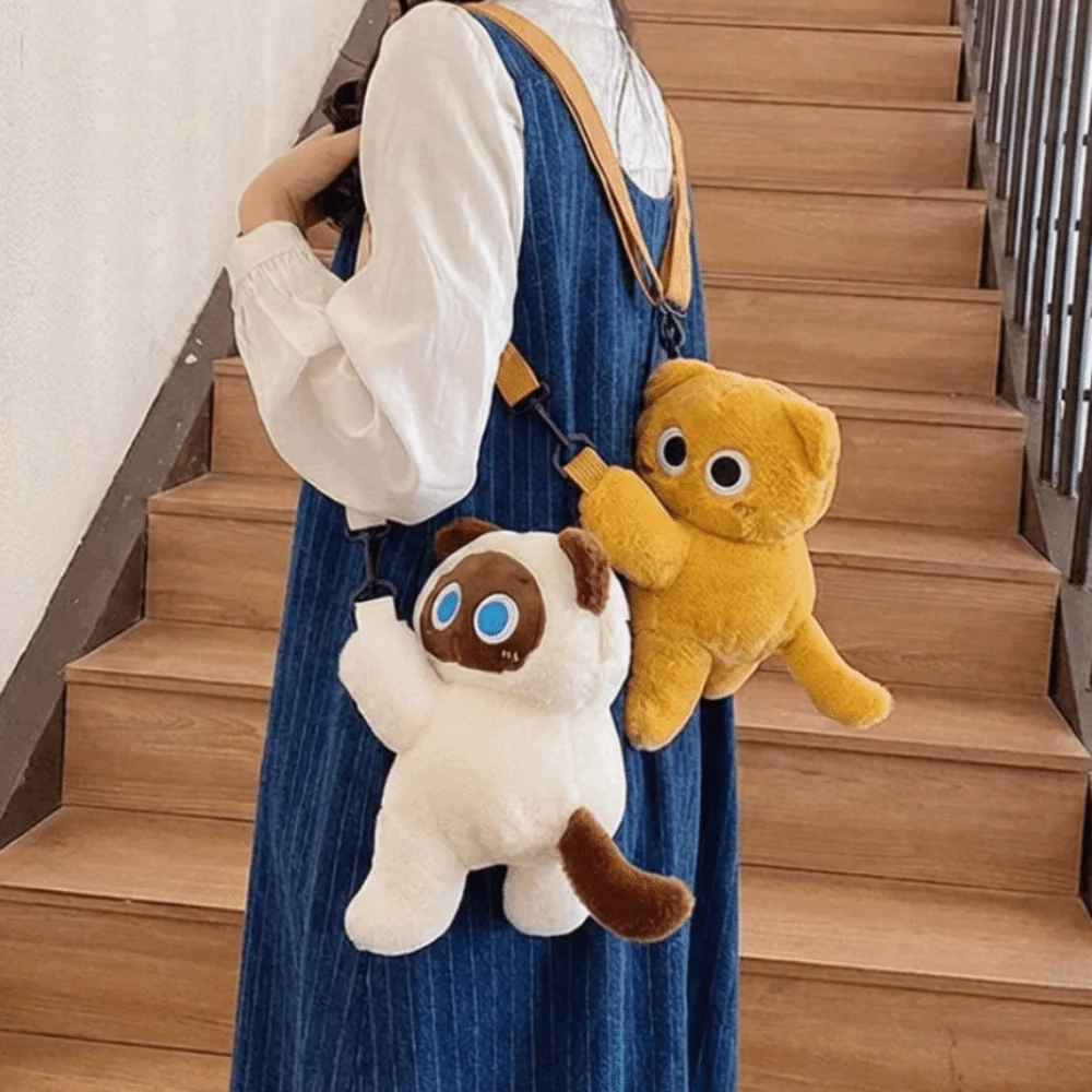 Torba dziecięca 3D w stylu koreańskim, krótki plusz, plecak z czarnym kotem, duża pojemność, wzór z kreskówki, pomarańczowa torba na ramię z kotem.