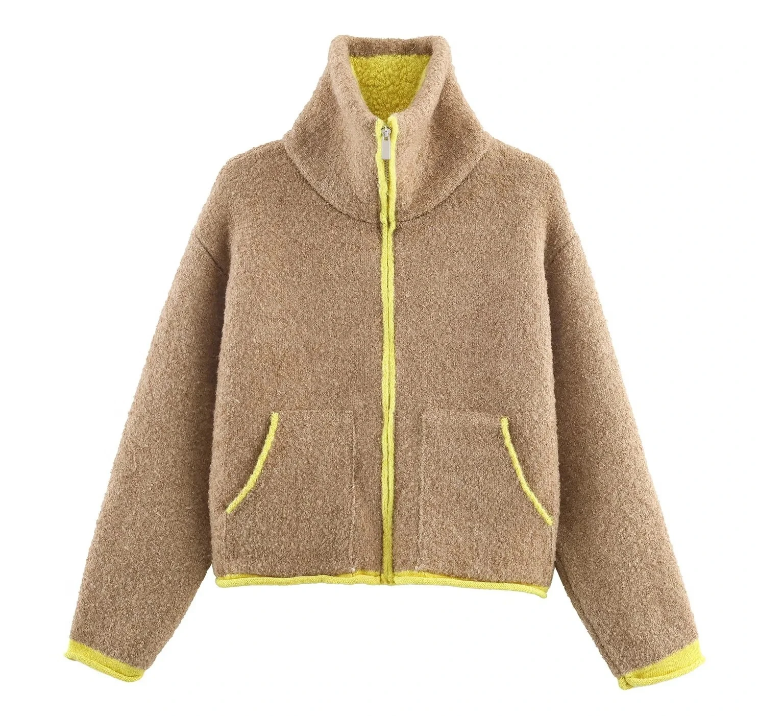 

Autumn New Women's Casual Fashion Simple Lazy Style Loose Color Block Layered Knitted Bomber Jacket Short Outerwear