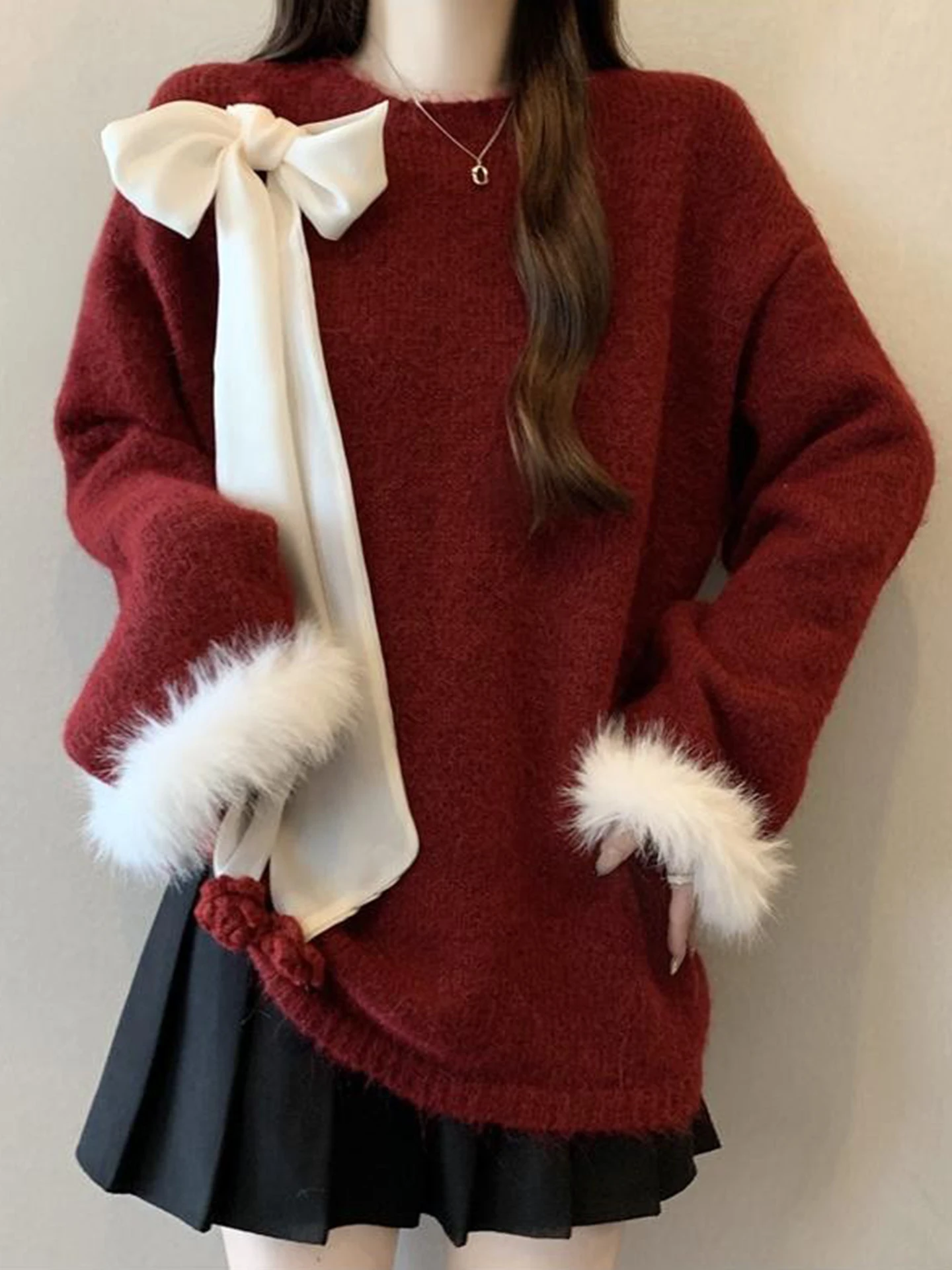 

Красный свитер с узлом, свободный крой, осень-зима, большие размеры, удобный, уютный, вязаный топ для повседневной носки и поездок на работу